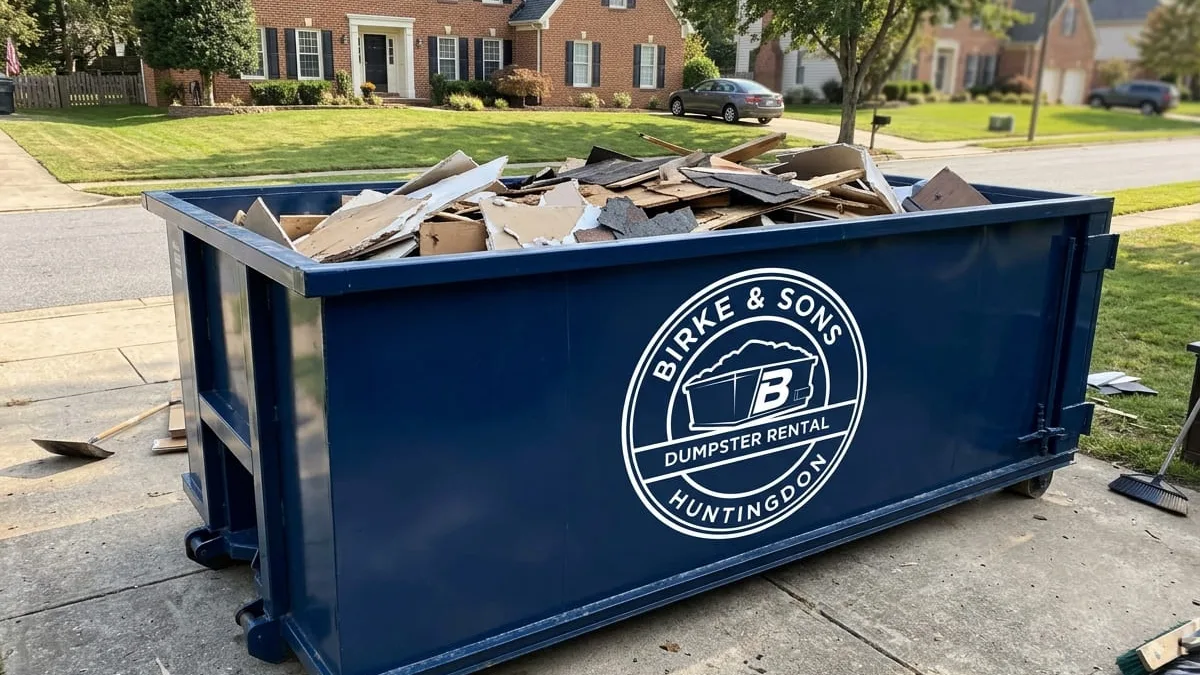 Birke & Sons Dumpster Rental roll-off dumpster being delivered to a Huntingdon, Pennsylvania driveway